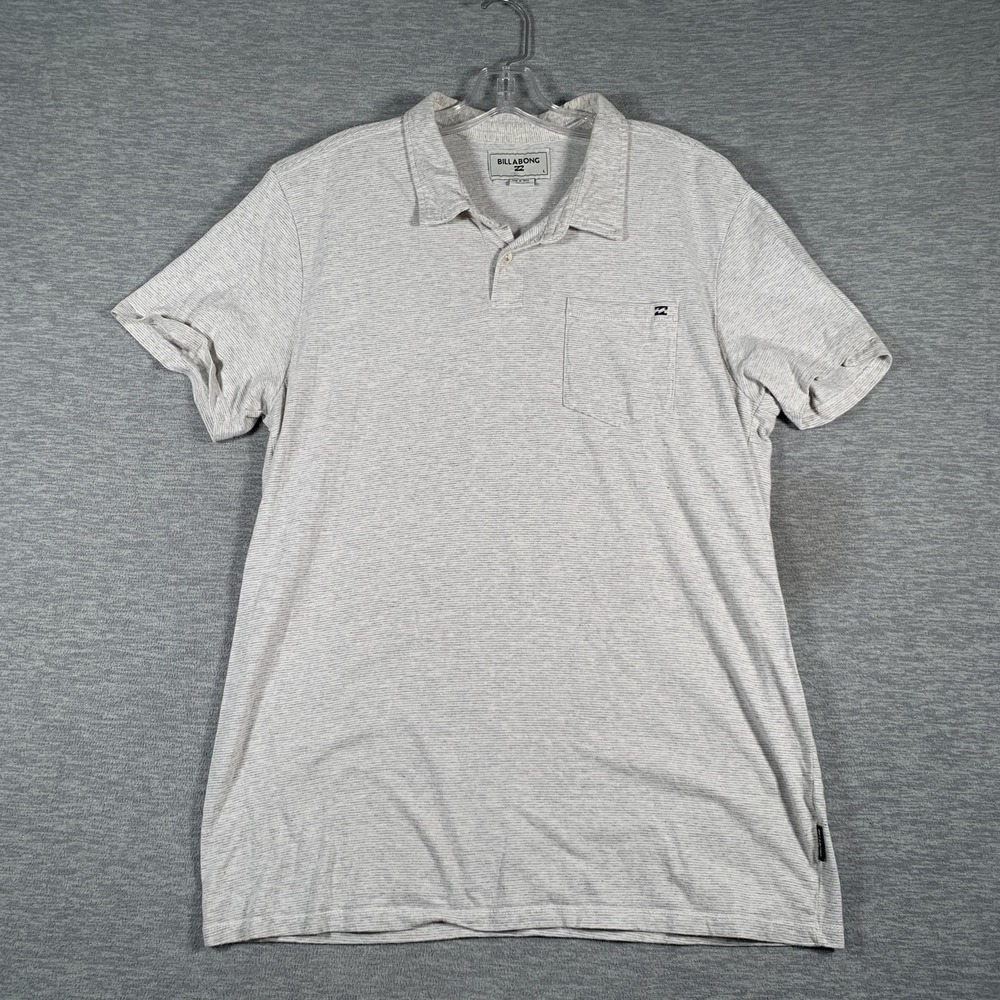Billabong Polo Shirt Mens Large Gray Stripe Pocket Cotton Knit Short Sleeve